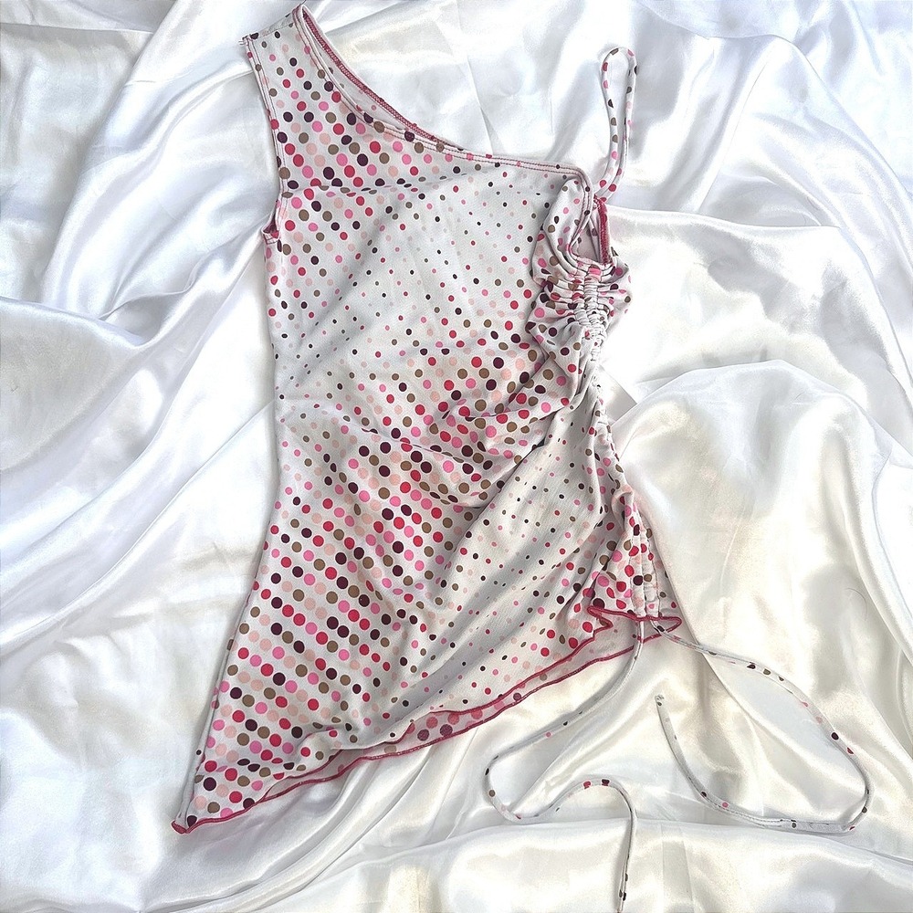 Soprano One Shoulder Polka Dot Ruched Top Pink Brown Y2K Lettuce Hem Camisole